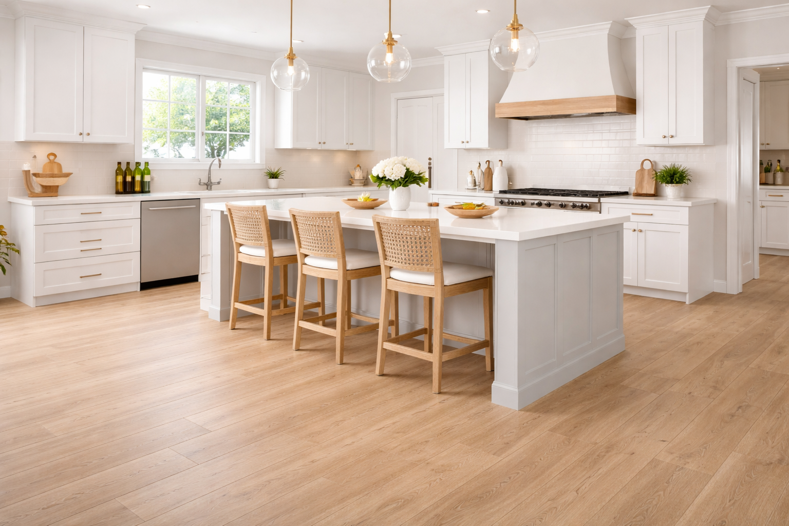 modern kitchen with light oak flooring